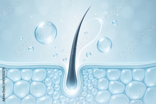 Microscopic view revealing hair growing from skin, enriched with hydration bubbles from a nourishing serum, highlighting the essence of effective hair care products for repair and vitality