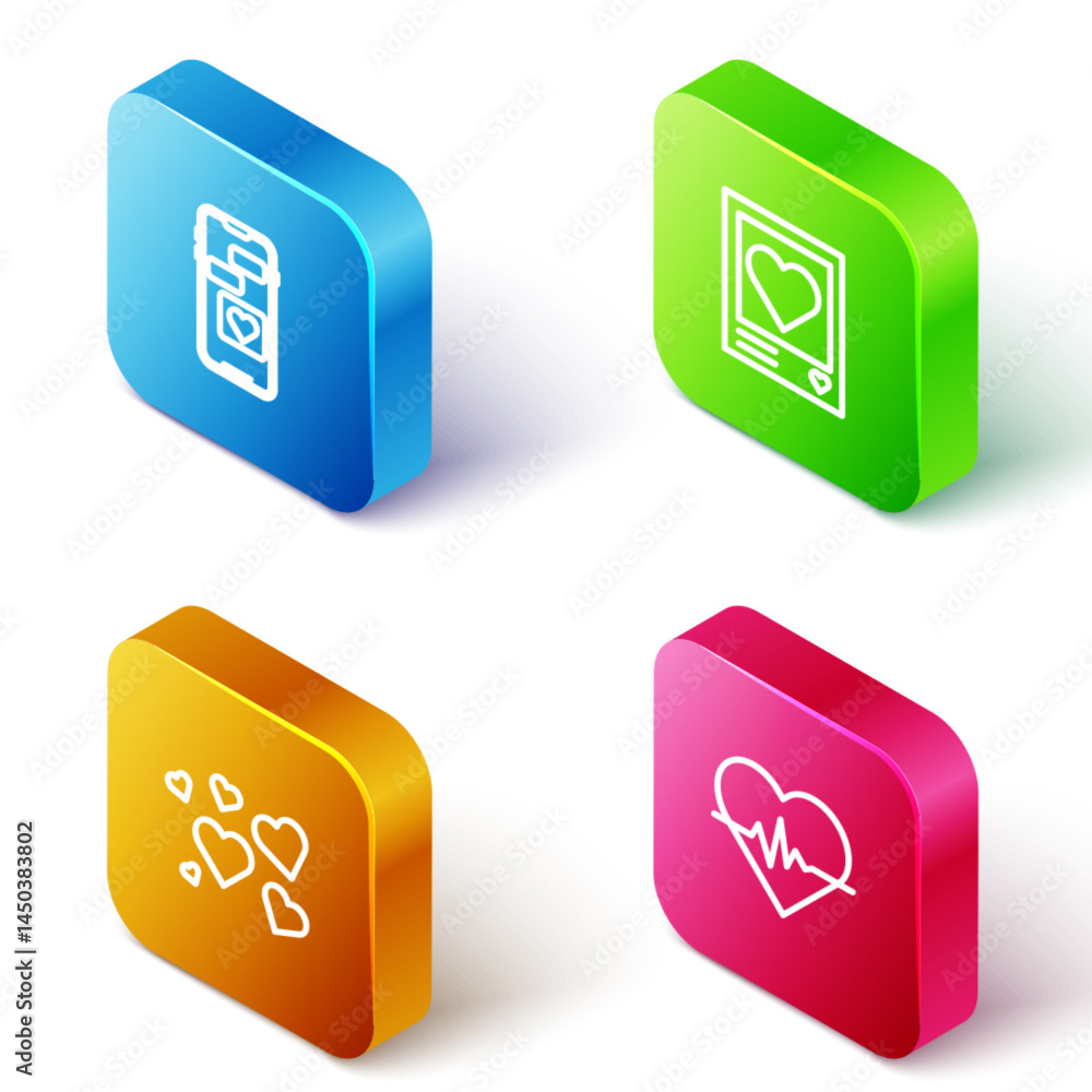 Set Isometric line Mobile with heart, Photo frames and hearts, Heart and rate icon. Vector Set Isometric line Mobile with heart, Photo frames and hearts, Heart and rate icon. Vector
