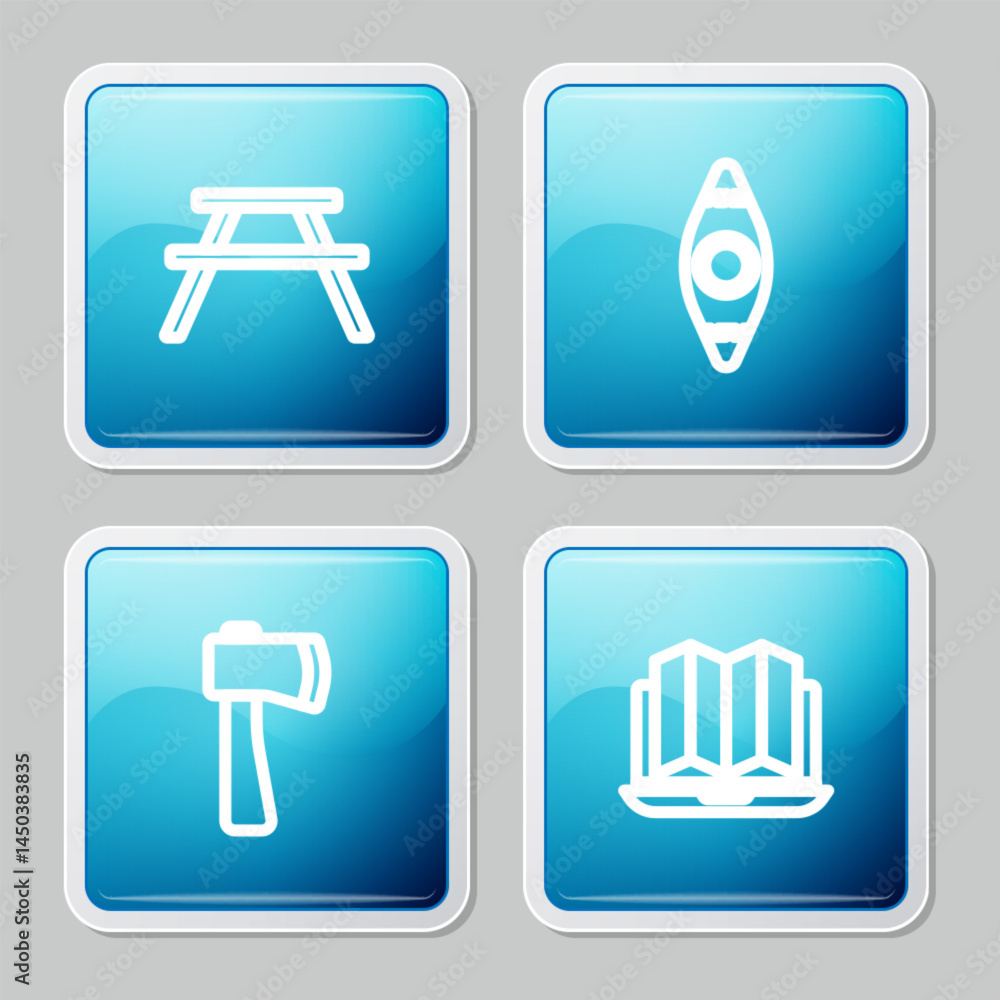 Set line Picnic table with benches, Kayak or canoe, Wooden axe and Location of the forest in laptop icon. Vector Set line Picnic table with benches, Kayak or canoe, Wooden axe and Location of the forest in laptop icon. Vector