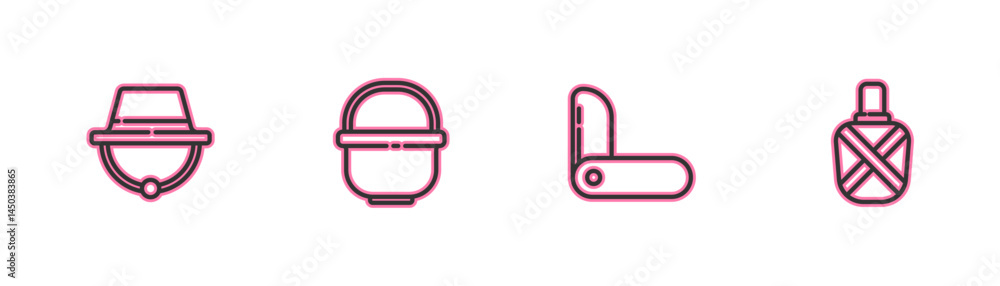 Set line Camping hat, Swiss army knife, pot and Canteen water bottle icon. Vector Set line Camping hat, Swiss army knife, pot and Canteen water bottle icon. Vector