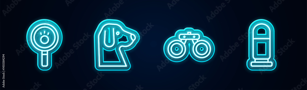 Set line Paw search, Dog, Binoculars and Bullet. Glowing neon icon. Vector Set line Paw search, Dog, Binoculars and Bullet. Glowing neon icon. Vector