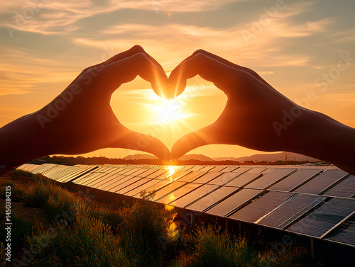 imagen de instalación de paneles solares al atardecer amanecer con unas manos que hacen el signo de corazón