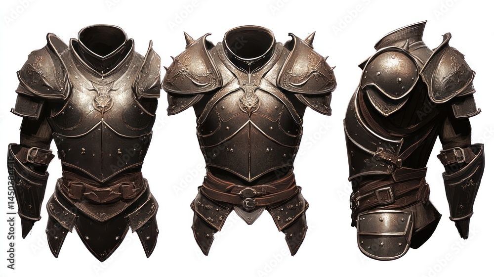 Three-quarter view of dark, spiky medieval armor. Three-quarter view of dark, spiky medieval armor.