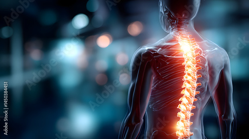 Ilustración médica de la columna vertebral humana con énfasis en la salud espinal, sistema óseo, dolor y anatomía, fondo tecnológico y científico