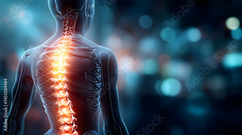 Ilustración médica de la columna vertebral humana con énfasis en la salud espinal, sistema óseo, dolor y anatomía, fondo tecnológico y científico