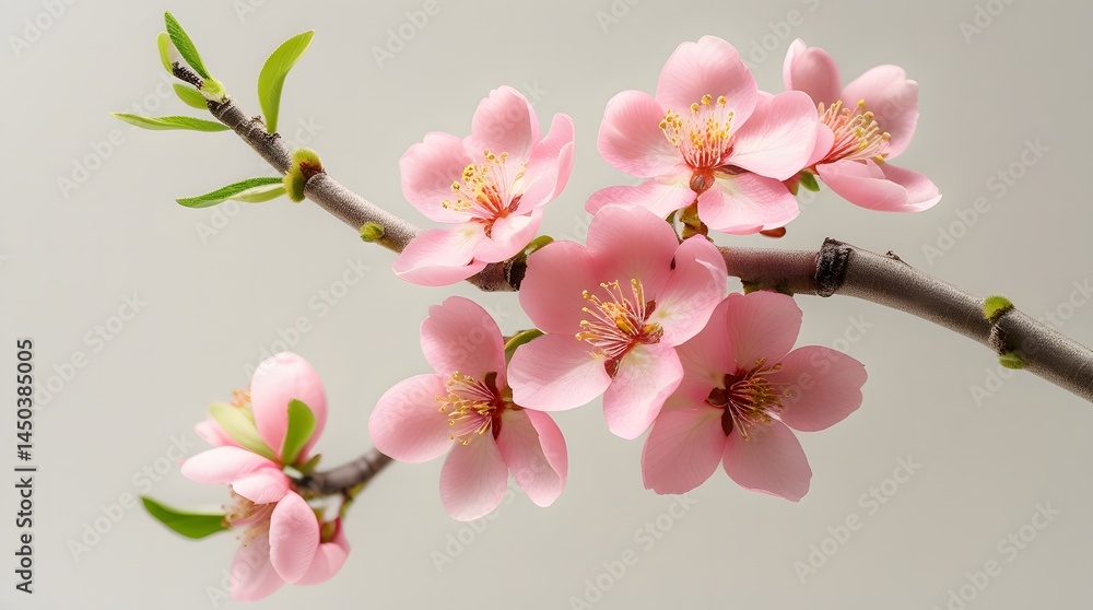 Delicate Pink Cherry Blossoms on Branch with Light Grey Background – Stunning Floral Close-Up Delicate Pink Cherry Blossoms on Branch with Light Grey Background – Stunning Floral Close-Up
