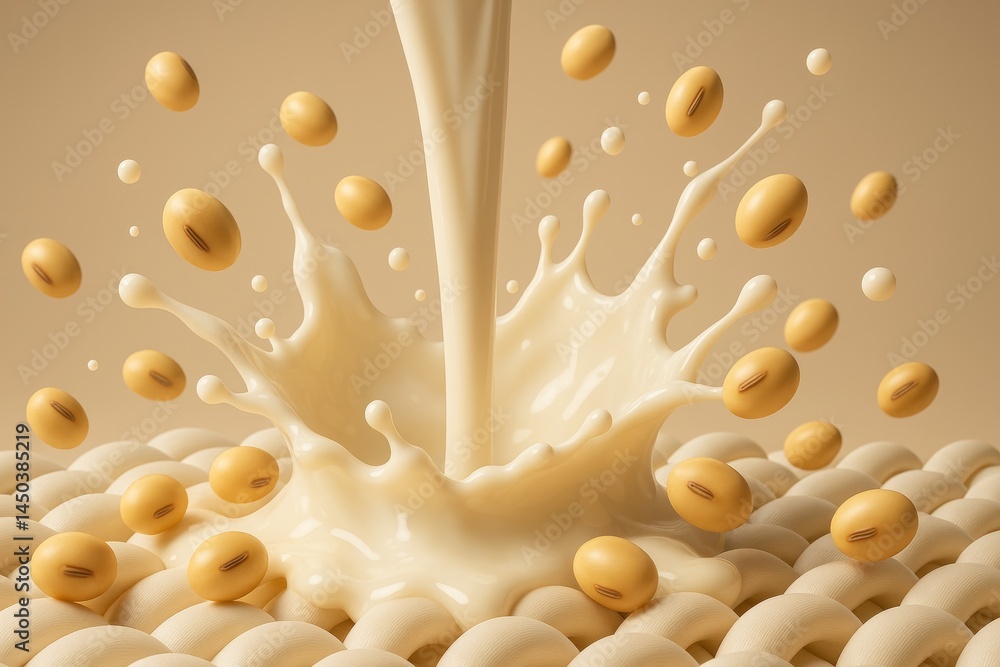 Soy milk is splashing and creating a crown shape with soybeans jumping around on a beige textured background, illustrating the process of making soy milk