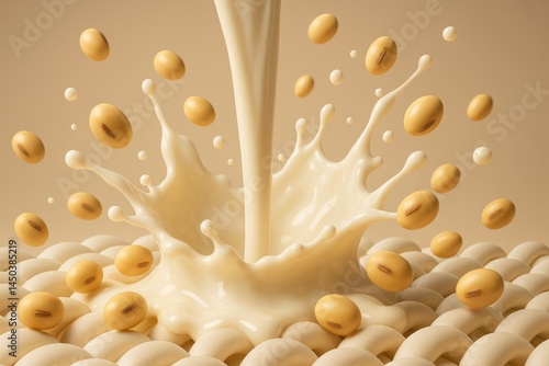 Obraz na płótnie Soy milk is splashing and creating a crown shape with soybeans jumping around on a beige textured background, illustrating the process of making soy milk w salonie