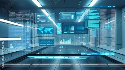 Futuristic digital control room with holographic displays showcasing global data analytics