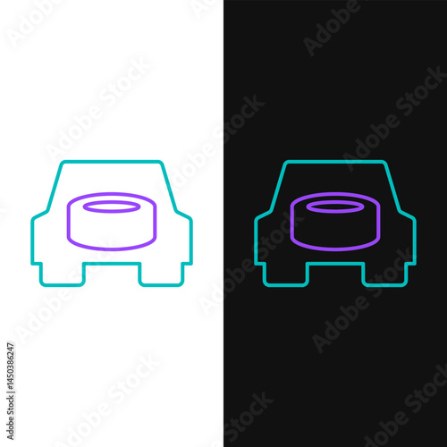 Line Spare wheel in the car icon isolated on white and black background. Process of replacing the wheel. Storage location of the spare wheel in the trunk. Colorful outline concept. Vector
