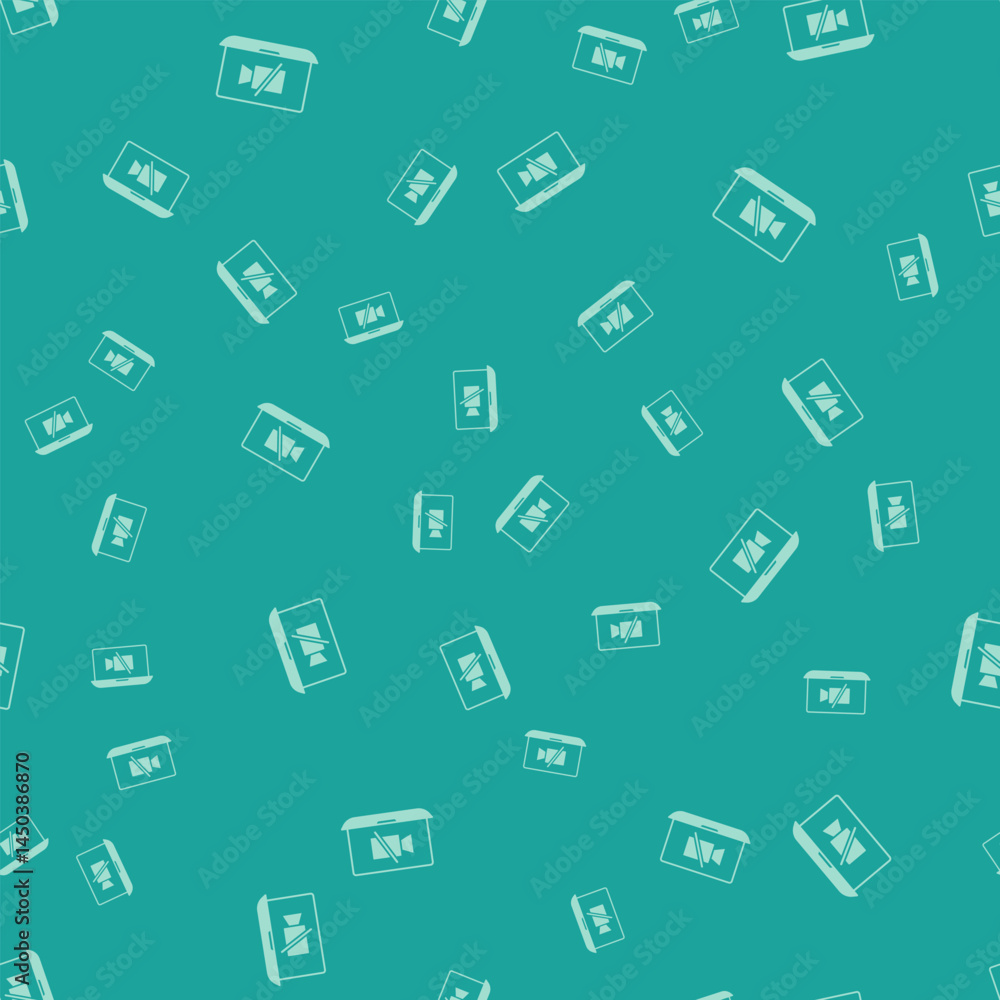 Green Video camera Off on laptop screen icon isolated seamless pattern on green background. No video. Vector Green Video camera Off on laptop screen icon isolated seamless pattern on green background. No video. Vector