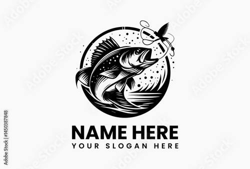 Bold fishing hook integrated with a dynamic wave, timeless vector logo for tackle shops and charters  