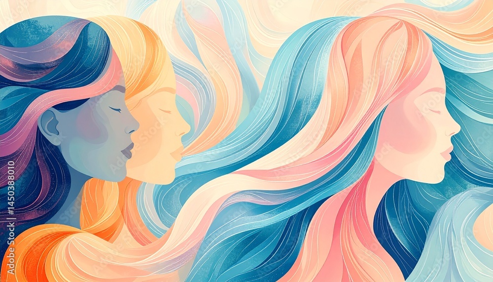 Three profile silhouettes with flowing hair in soft colors. Three profile silhouettes with flowing hair in soft colors.