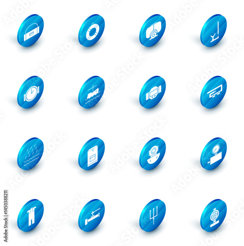 Set Lifebuoy, Diving mask, Snorkel, watch, Rain and waves, Fishing boat on water, belt and icon. Vector