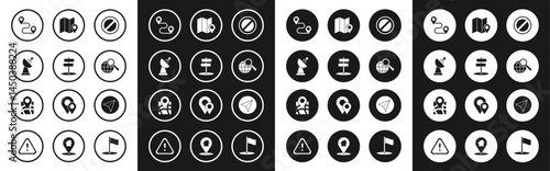 Set Stop sign, Road traffic, Radar, Route location, Magnifying glass with globe, Folded map marker, Paper airplane and icon. Vector