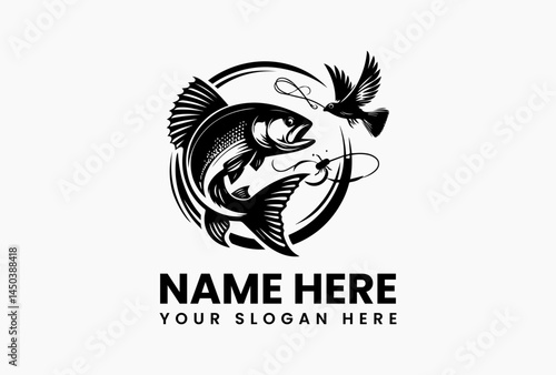 Bold fishing hook integrated with a dynamic wave, timeless vector logo for tackle shops and charters  