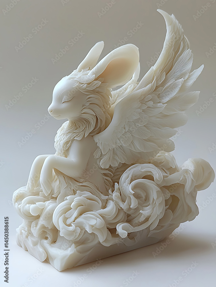 Delicate sculpture of a winged creature resembling a rabbit with flowing fur resting upon clouds all rendered in white.