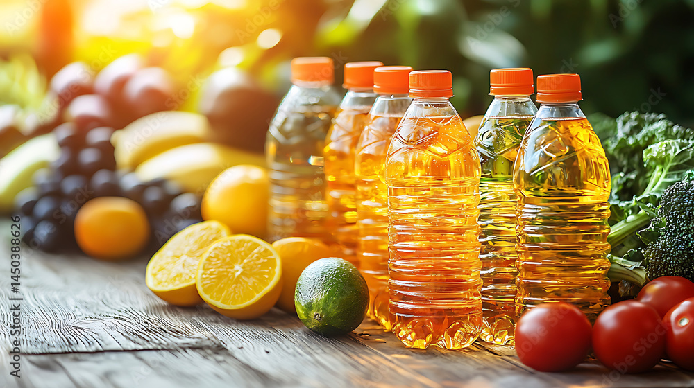 Fresh fruits and vegetables surround bottles of clear juice on a rustic wooden surface bathed in warm sunlight.