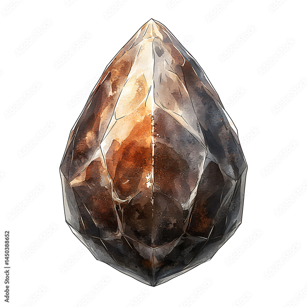 Watercolor painting of a multifaceted teardrop-shaped gemstone in shades of brown tan and white with textured details.