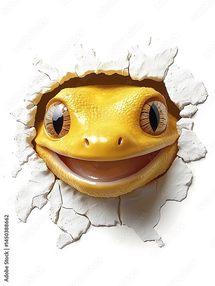 A cheerful yellow gecko bursts through a cracked white wall showcasing a wide smile and captivating patterned eyes.