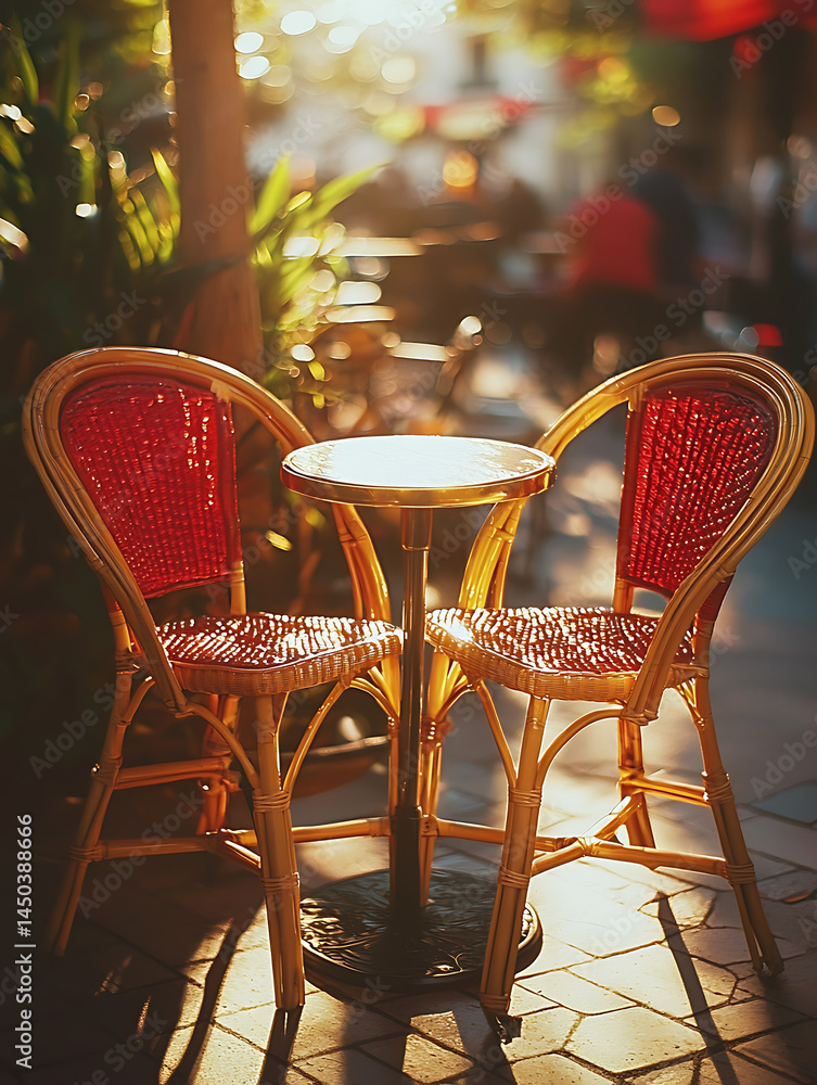 Sunlit outdoor cafe scene with two red chairs small round table and blurred background.