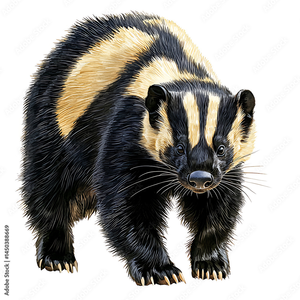 A striking Asian badger with black and beige stripes stands alert against a plain white background showcasing its unique fur pattern.