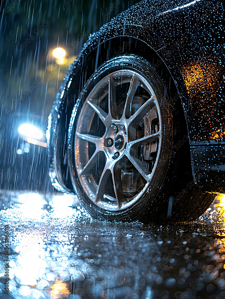 Close-up of a car wheel on a wet city street reflecting streetlights covered with raindrops during a heavy rain.
