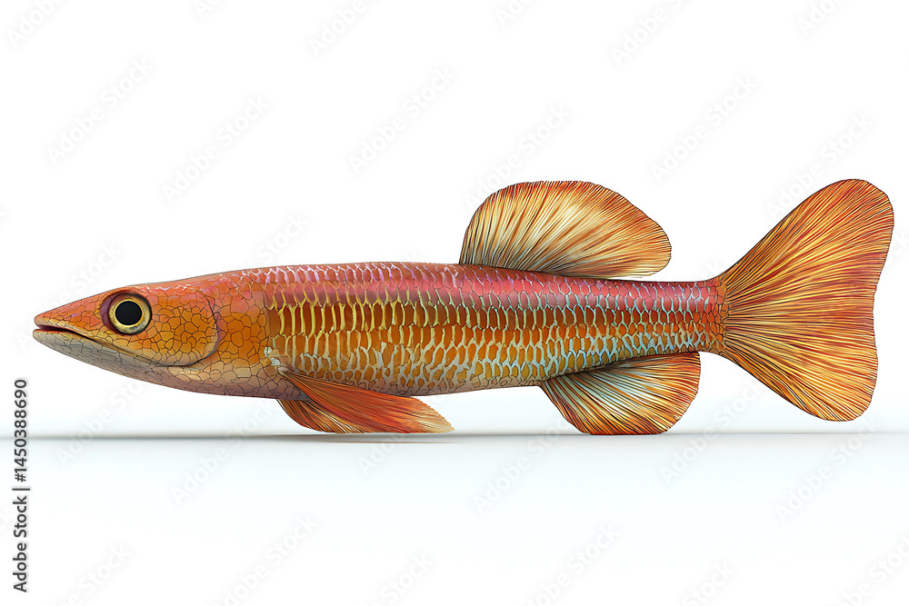 A digitally rendered image showcases a vibrant orange and reddish-gold fish with detailed scales and prominent fins isolated on a white background.
