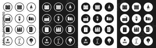 Set Electric plug, LED light bulb, Coal power plant and factory, Car battery, Battery, Electrical panel and Power bank icon. Vector