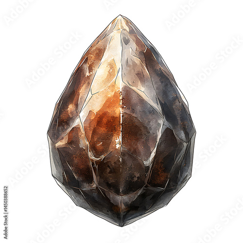 Watercolor painting of a multifaceted teardrop-shaped gemstone in shades of brown tan and white with textured details.