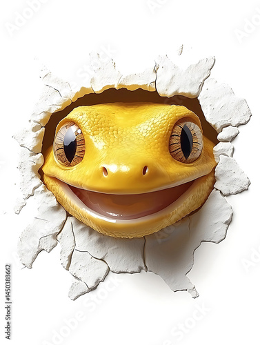 Obraz na płótnie A cheerful yellow gecko bursts through a cracked white wall showcasing a wide smile and captivating patterned eyes. w salonie
