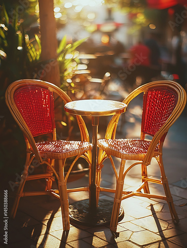 Obraz na płótnie Sunlit outdoor cafe scene with two red chairs small round table and blurred background. w salonie