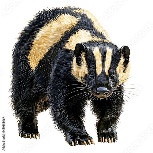 Obraz na płótnie A striking Asian badger with black and beige stripes stands alert against a plain white background showcasing its unique fur pattern. w salonie