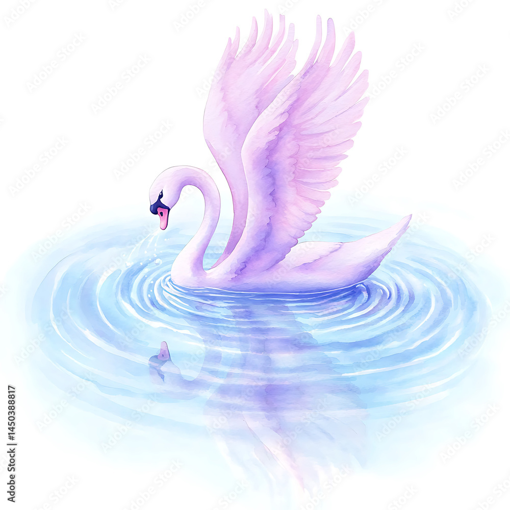 A pastel swan arches its neck wings raised creating ripples in a serene reflective blue pond.