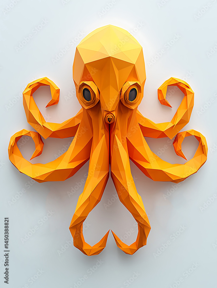 Geometric orange octopus sculpture with curled tentacles against a white background showcasing a modern polygonal design.