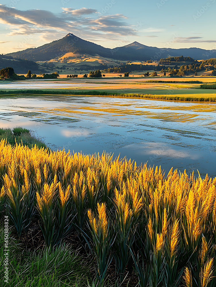Golden wheat field in morning sunlight with river and mountain scenery at background.