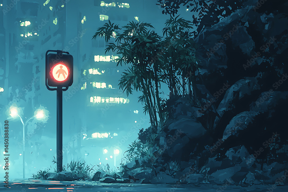 A stylized urban scene with a red pedestrian signal light lush vegetation and glowing city buildings in the background.