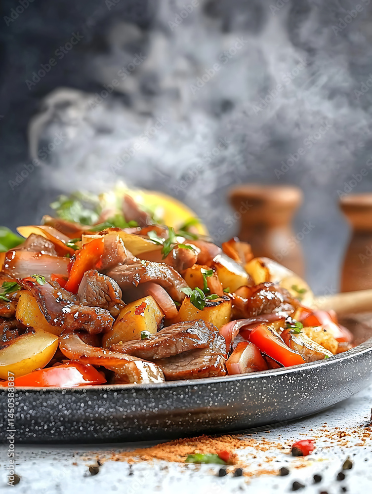 Steaming stir-fry of beef potatoes and colorful vegetables served in a speckled pan with a moody background.
