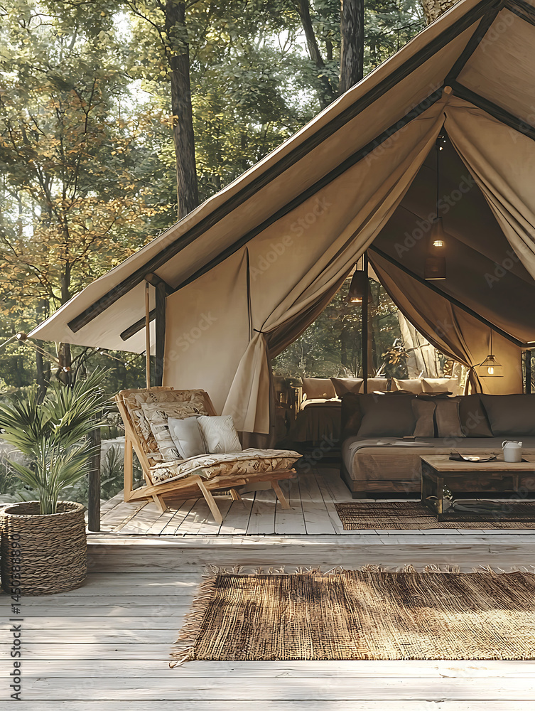Cozy canvas tent on a wooden platform in a sunny forest clearing with stylish outdoor furniture.