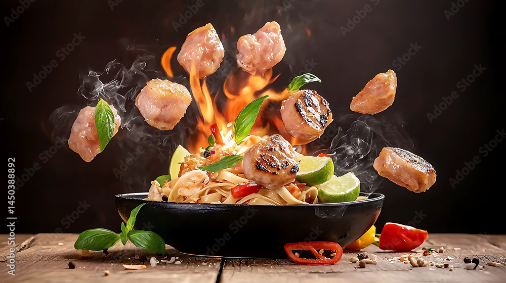 Delicious stir-fry with noodles seafood and meat dynamically suspended above the pan with flames and fresh herbs.