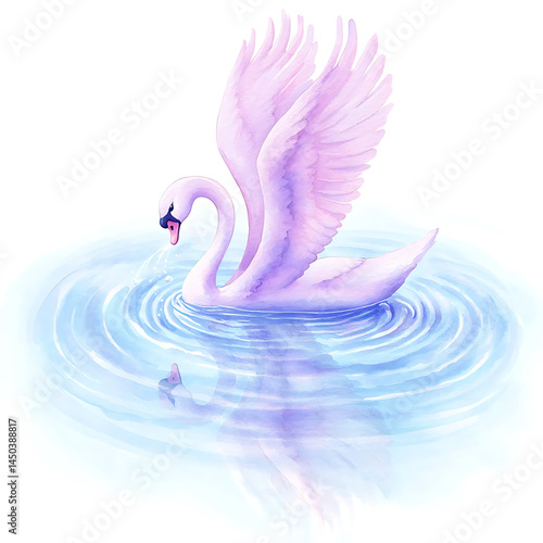 Obraz na płótnie A pastel swan arches its neck wings raised creating ripples in a serene reflective blue pond. w salonie