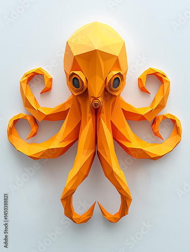 Obraz na płótnie Geometric orange octopus sculpture with curled tentacles against a white background showcasing a modern polygonal design. w salonie