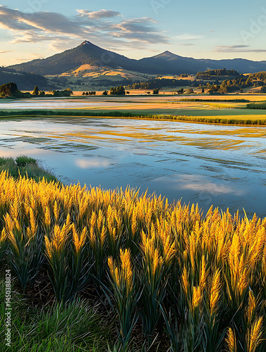 Obraz na płótnie Golden wheat field in morning sunlight with river and mountain scenery at background. w salonie