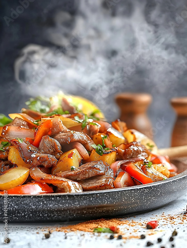 Obraz na płótnie Steaming stir-fry of beef potatoes and colorful vegetables served in a speckled pan with a moody background. w salonie