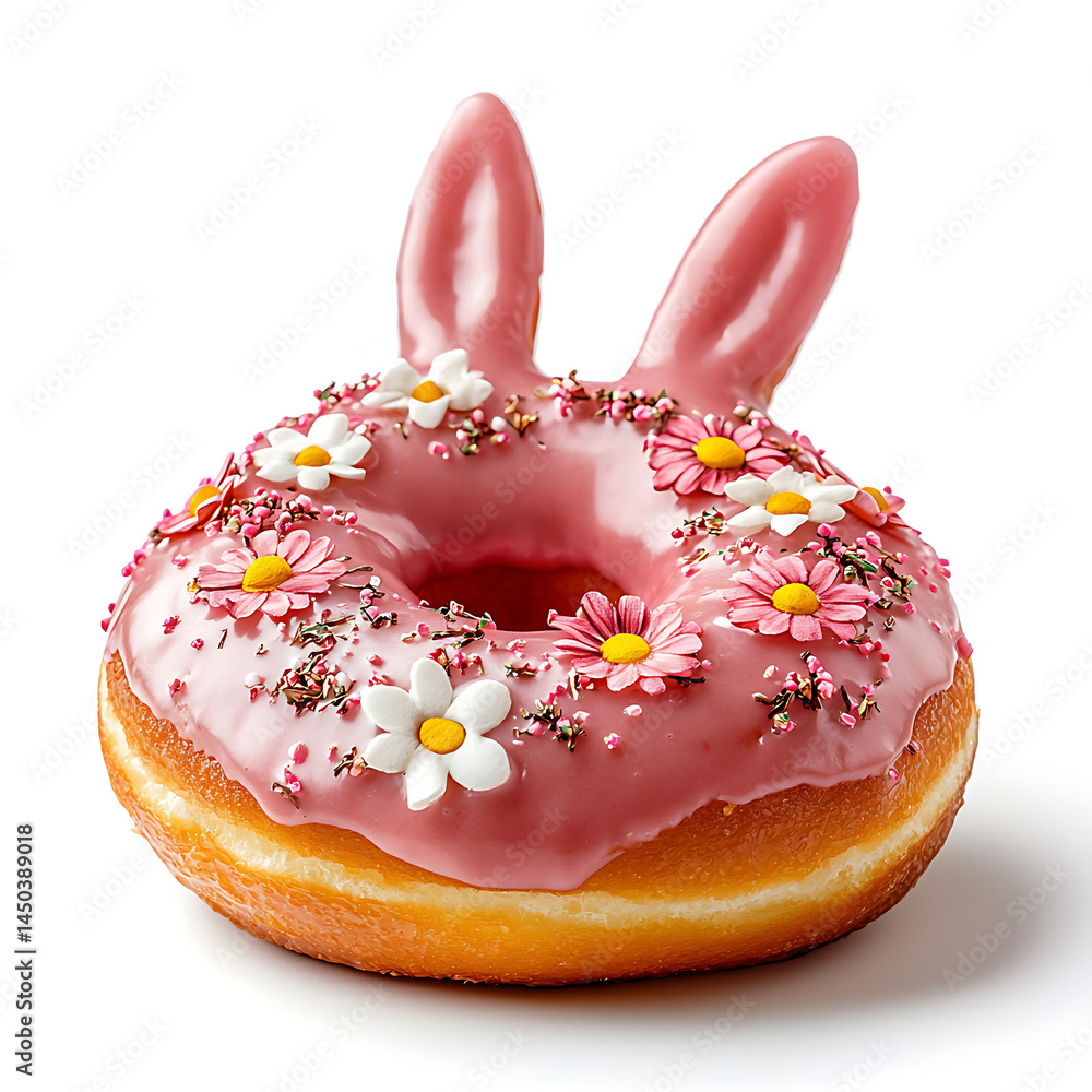 Pink glazed donut adorned with bunny ears and delicate daisy decorations perfect for Easter or springtime celebrations.