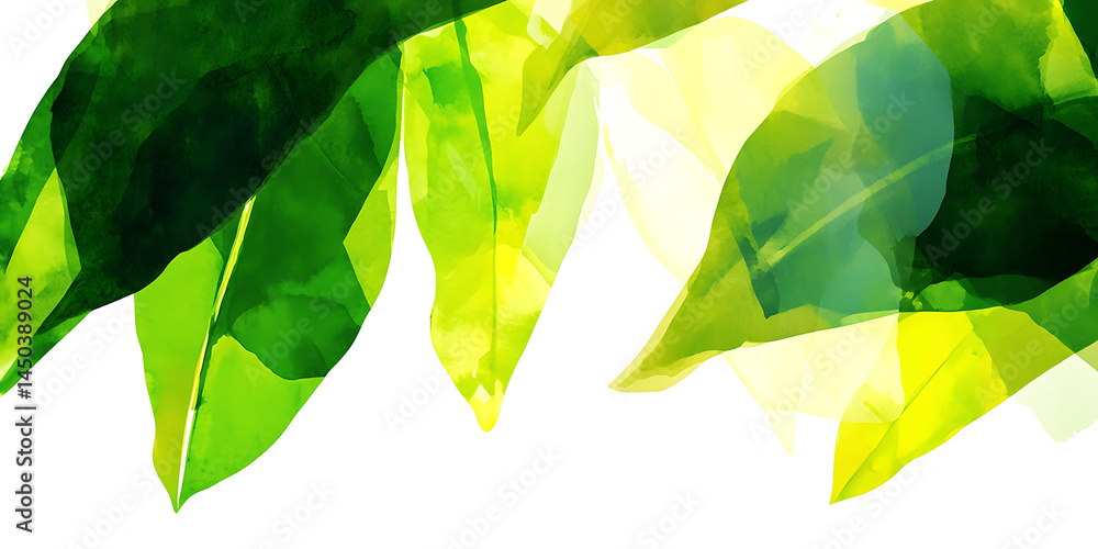 Overlapping watercolor leaves in shades of green and yellow creating a fresh and vibrant abstract natural composition on a white background.