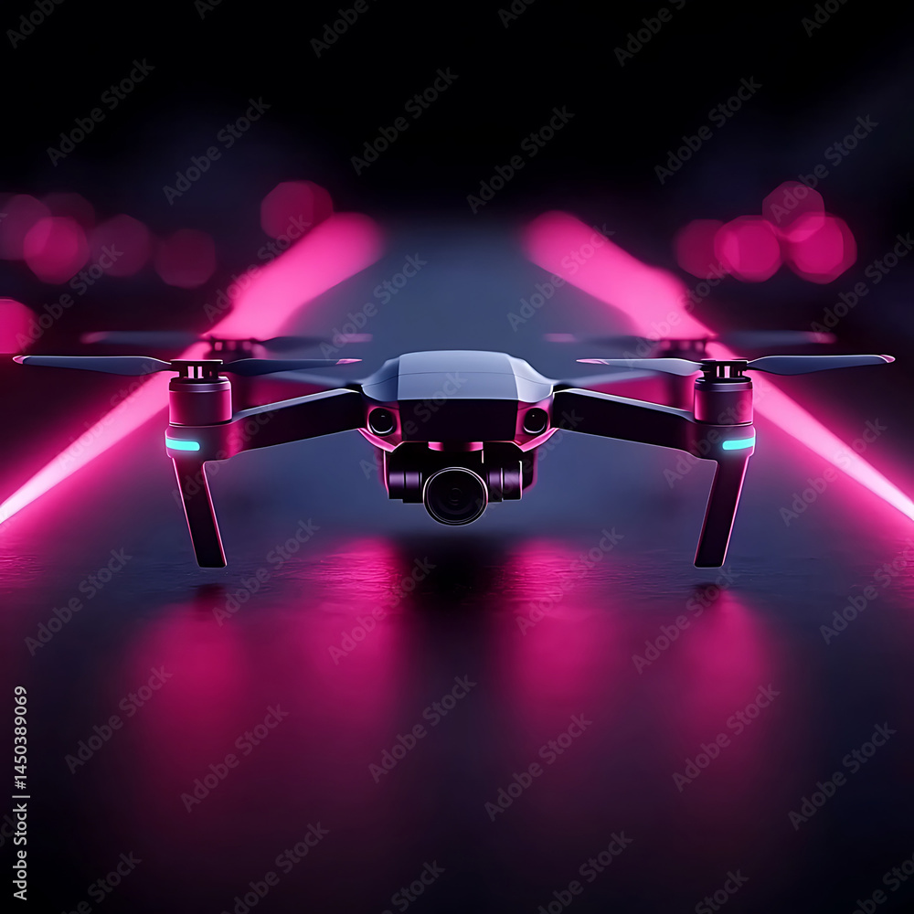 Drone silhouetted against a dark background illuminated by vivid pink light streaks creating a futuristic technological ambiance.