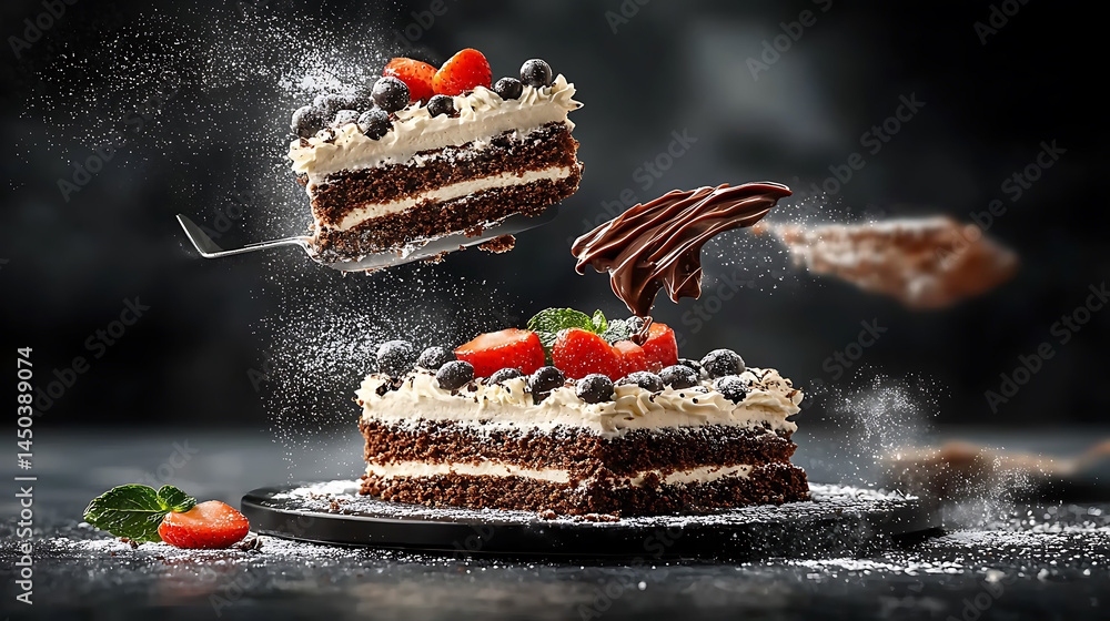Chocolate cake slices with cream berries and dusting of powdered sugar; captured mid-air on a dark background.