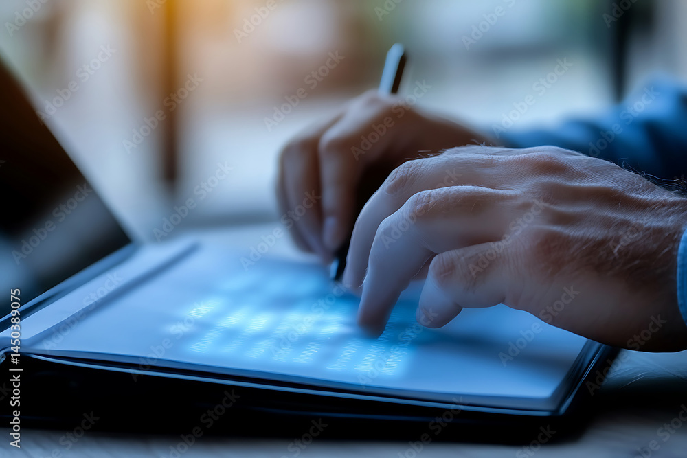 Close-up of hands meticulously writing on paper illuminated by a subtle blue glow beside a laptop screen.