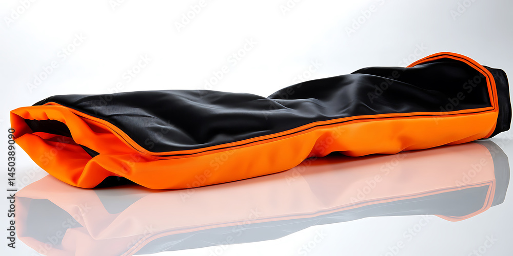 Black and orange fabric object possibly a bag or cover lying horizontally on a reflective surface.
